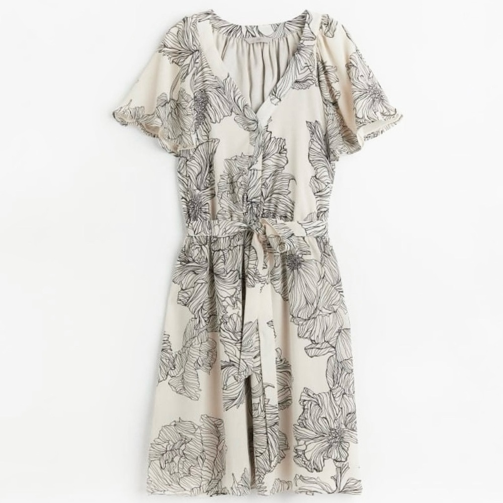 H&M Dress Women’s Size Large Midi Butterfly Sleeve Cream + Black Floral Pattern